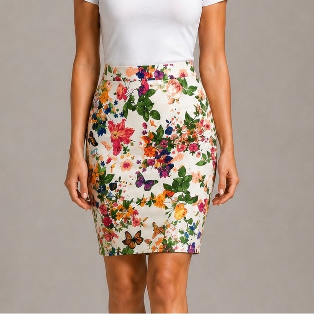 Ann Taylor Loft Floral Butterfly Pencil Skirt 4 Cottagecore Botanical Career